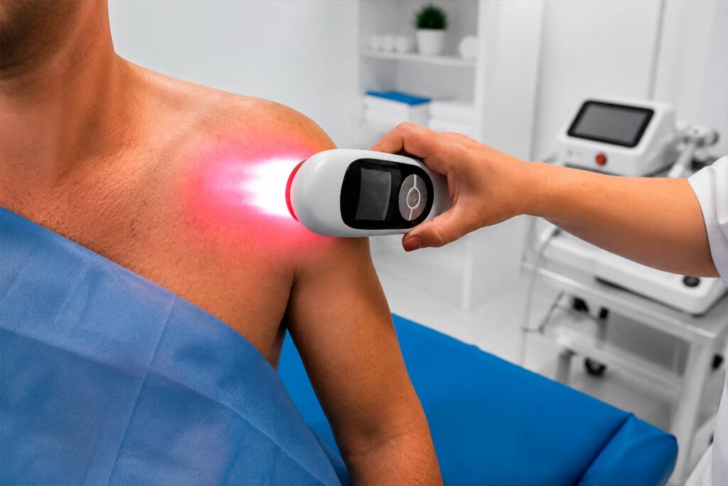 Fisioterapia con láser en Cancún para aliviar dolor de hombro y apoyar la recuperación musculoesquelética.
